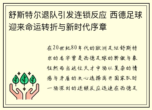 舒斯特尔退队引发连锁反应 西德足球迎来命运转折与新时代序章